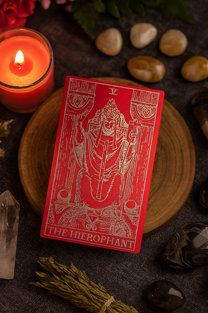 Red / silver metal tarot card titled 'The Hierophant' on a dark surface with a lit candle and stones.
