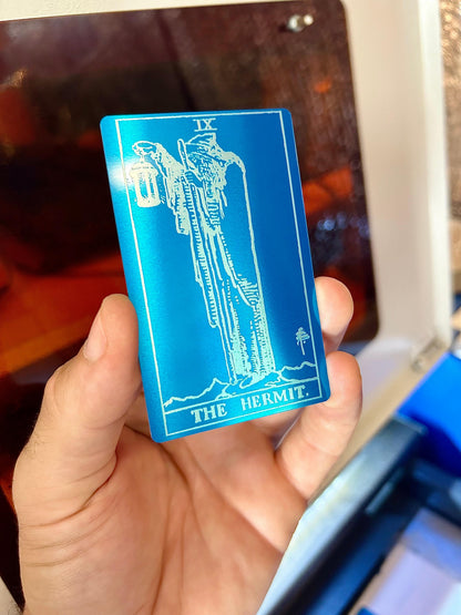 Laser engraved Metal "The Hermit" tarot card in blue/silver anodized aluminum