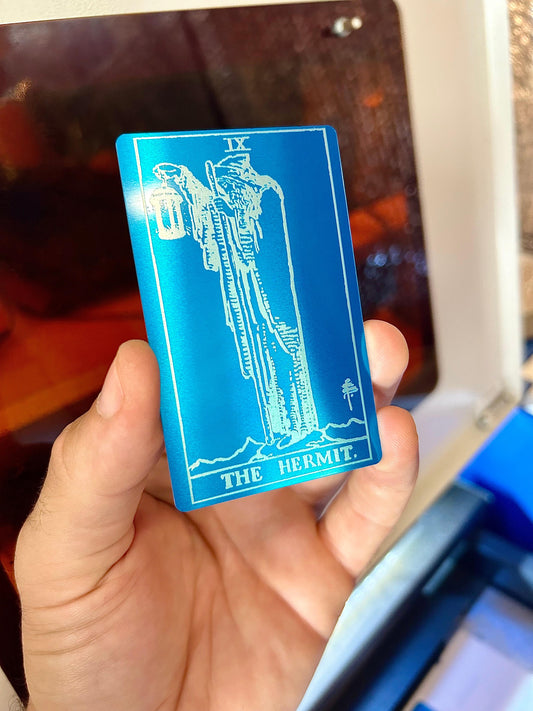 Laser engraved Metal "The Hermit" tarot card in blue/silver anodized aluminum