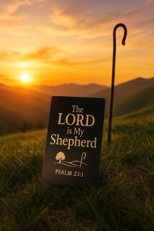 Metal inspirational keepsake card with 'The LORD is My Shepherd' in black/silver anodized aluminum and shepherd's crook against a sunset mountain backdrop