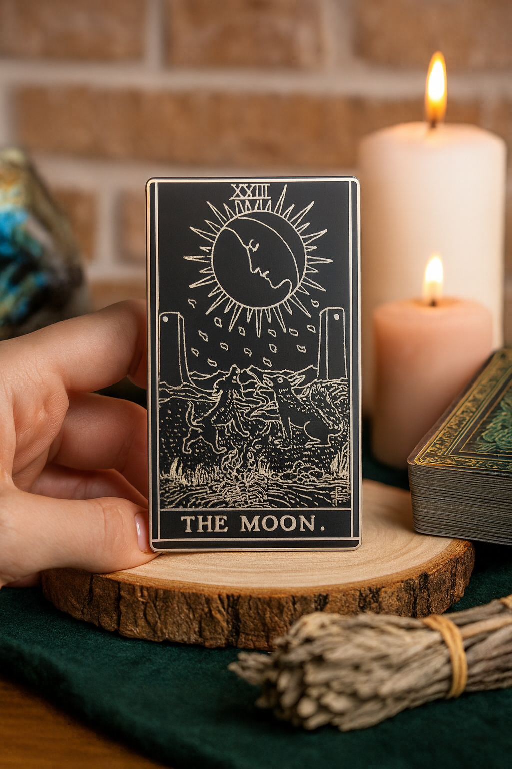 Metal black/silver laser engraved keepsake card with tarot design labeled 'The Moon' held by a hand with candles and smudge sticks in the background