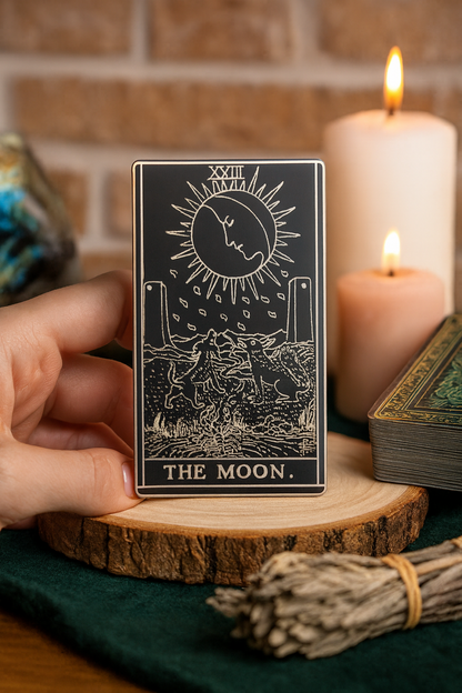 Metal black/silver laser engraved keepsake card with tarot design labeled 'The Moon' held by a hand with candles and smudge sticks in the background