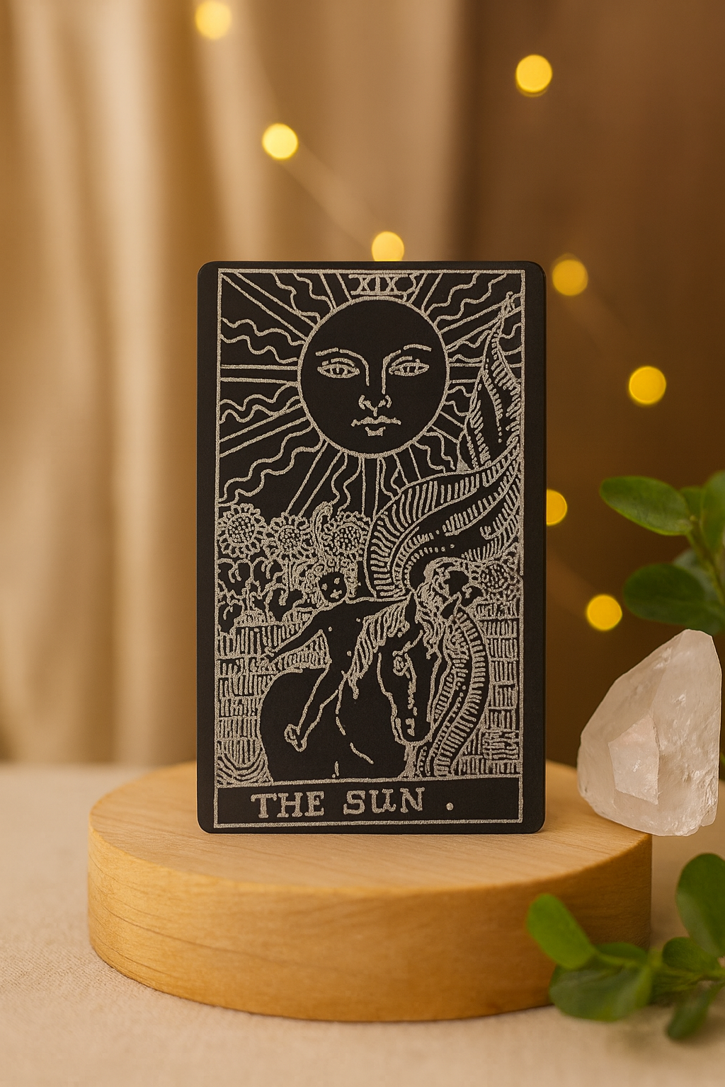 Metal Wallet Card featuring a sun design with a face on a wooden stand against a warm-toned background.