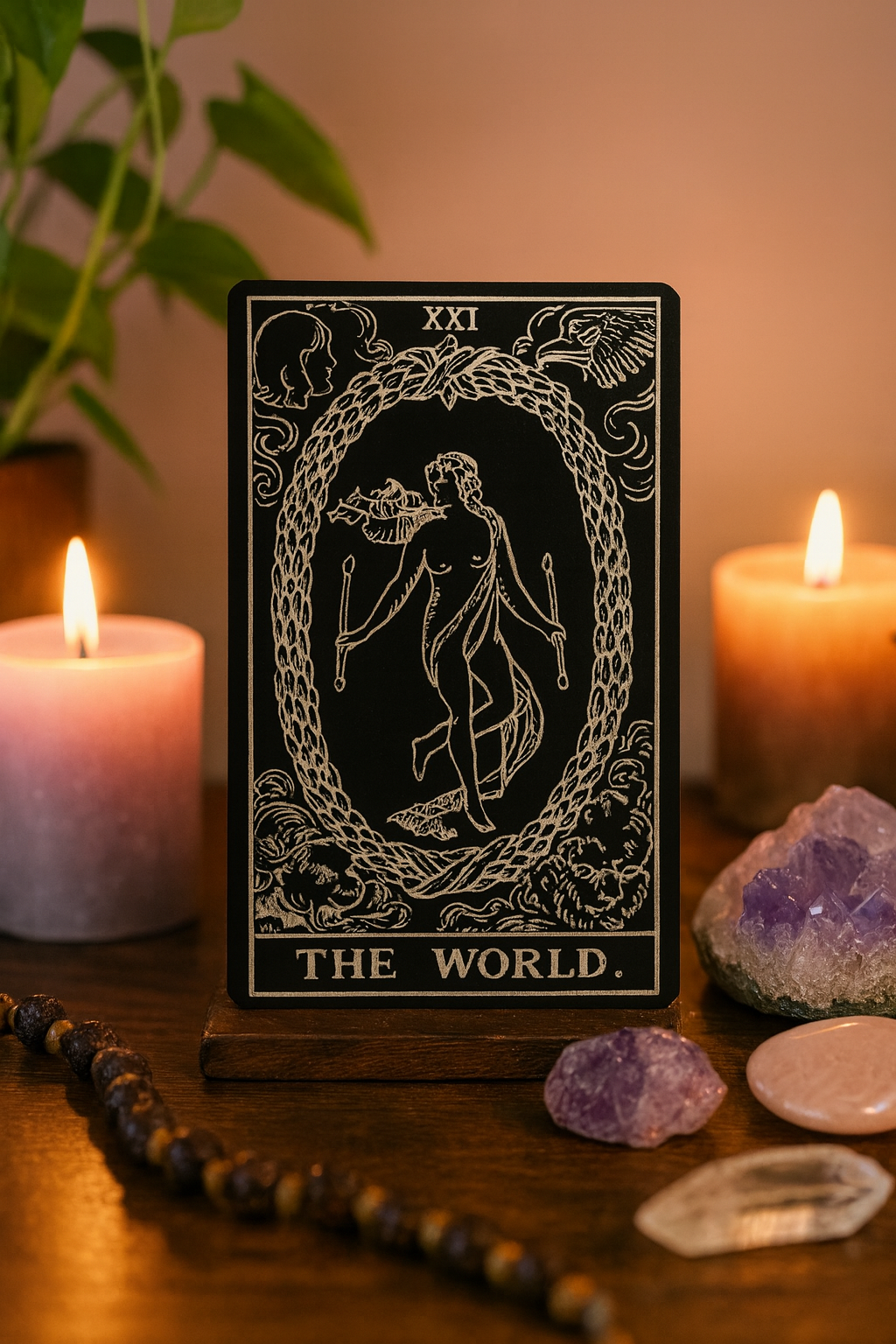 Metal anodized aluminumTarot card titled 'The World' with candles and crystals on a wooden surface