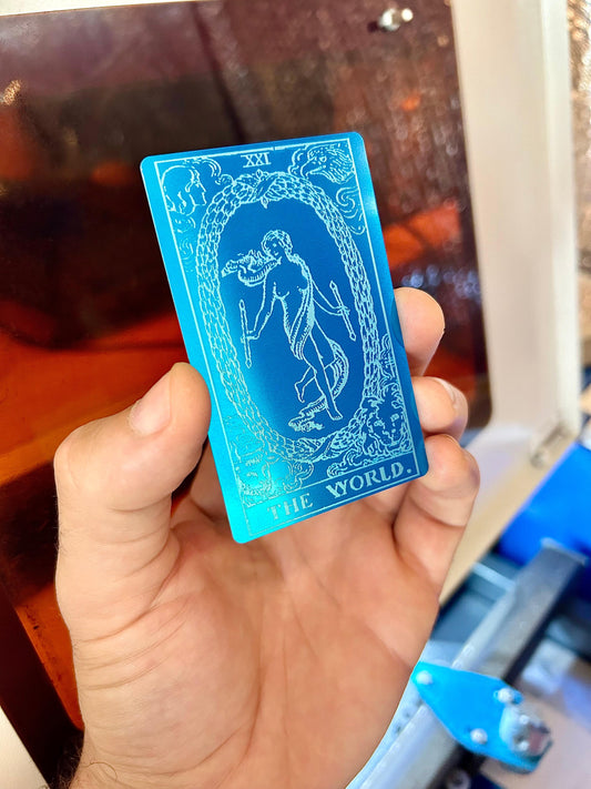 Metal The world tarot card laser engraved in blue/silver anodized aluminum