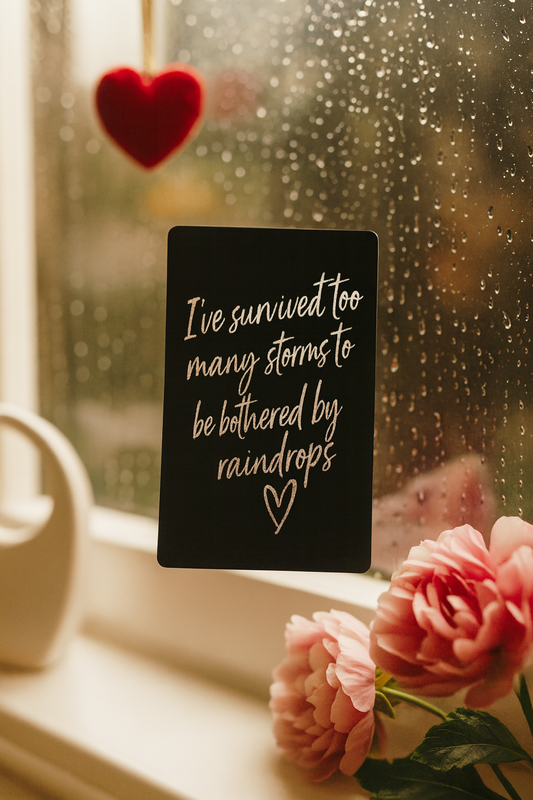 Detailed shot of engraved anodized aluminum keepsake card featuring “I’ve survived too many rainstorms…” text and heart illustration with flowers at windowsill