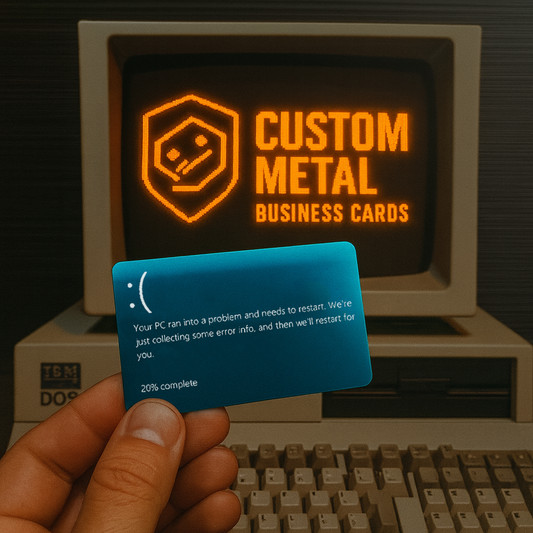 Person holding a blue metal business card with BSOD error code text in front of a vintage computer and 'Custom Metal Business Cards' text in the background.