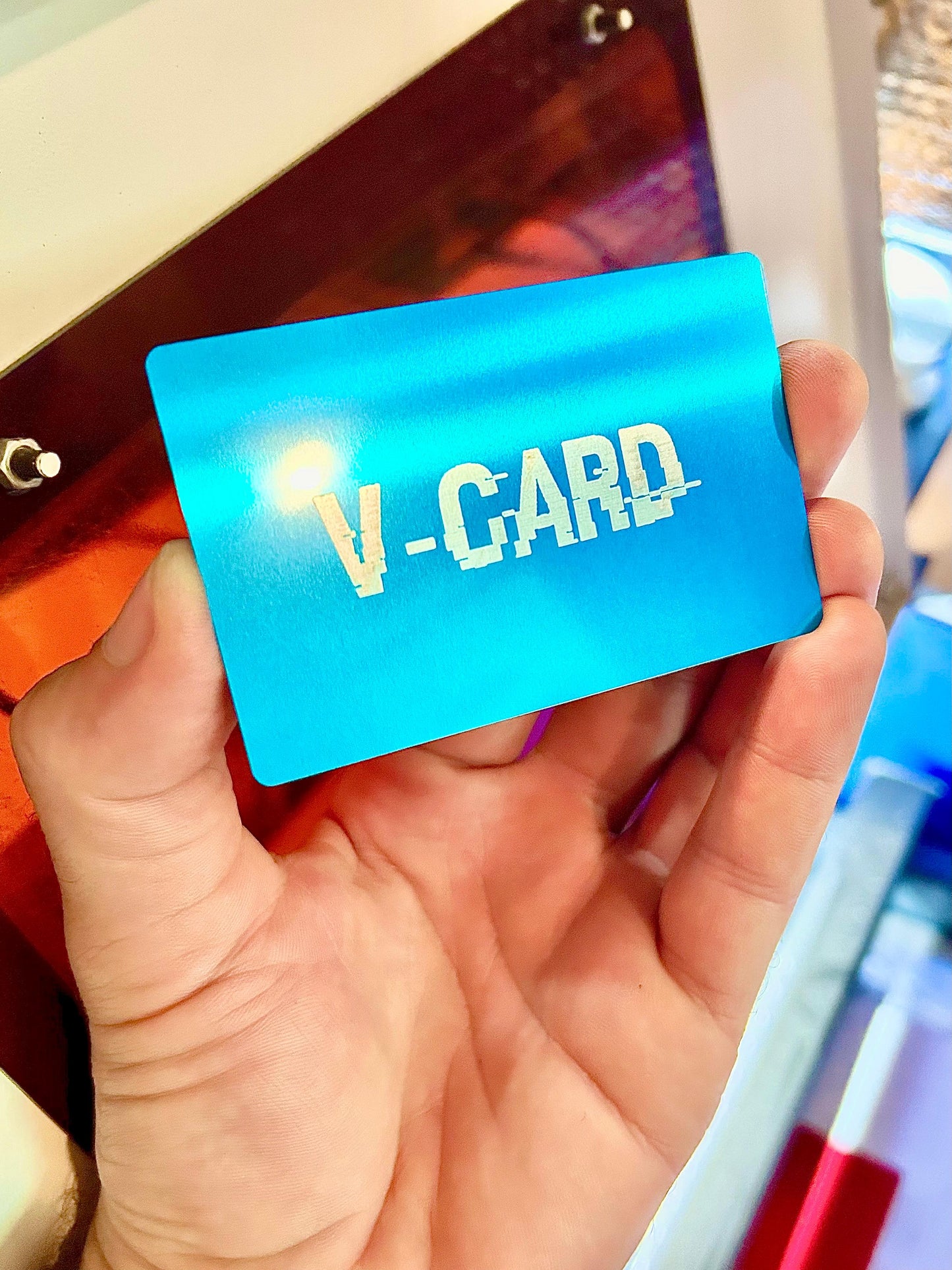 Laser engraved metal "V-Card" funny gag gift for him in blue/silver anodized aluminum