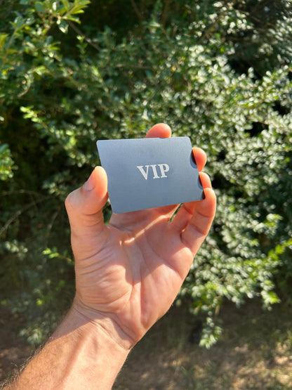 Premium anodized aluminum business card with VIP text laser engraved