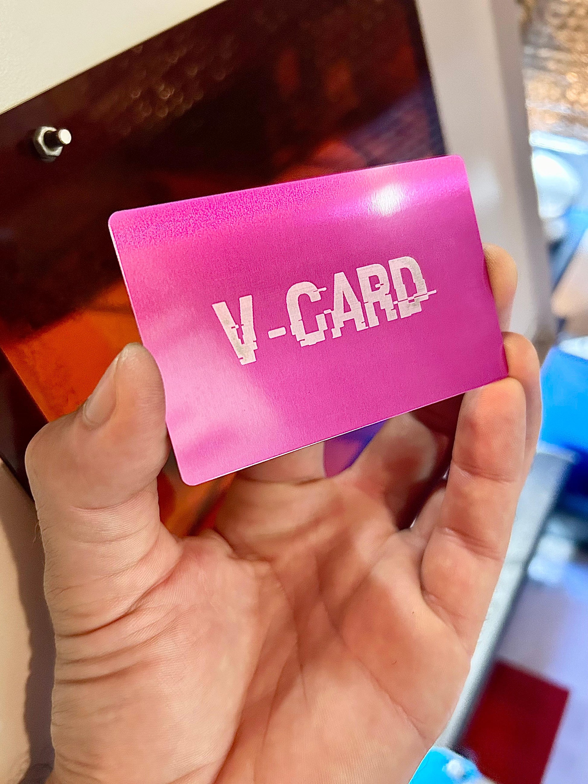 Laser engraved metal V Card gag gift for her in purple/silver anodized aluminum