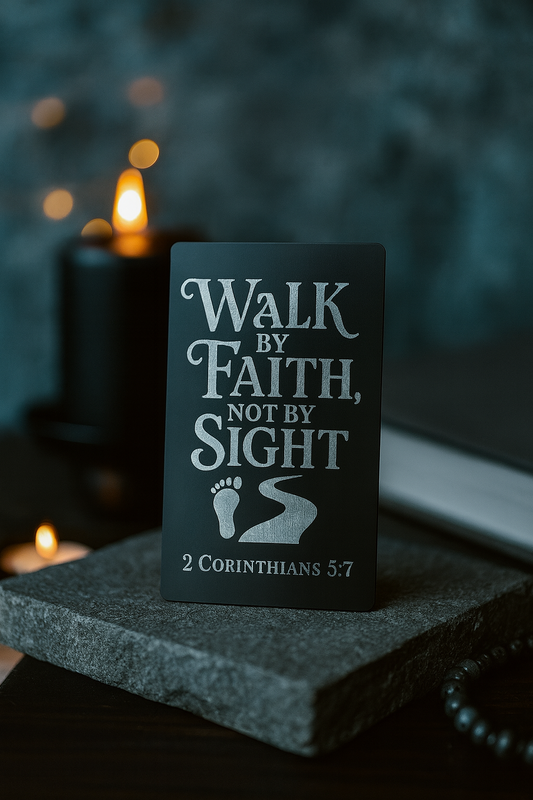 Black plaque with 'Walk by Faith, Not by Sight' text on a dark surface with candles in the background.