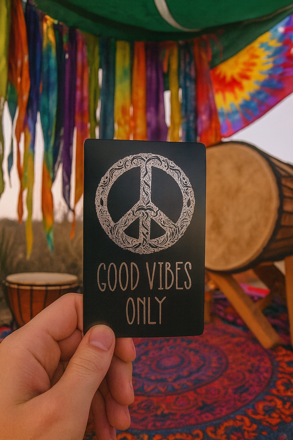 Hand holding a metal keepsake card with 'Good Vibes Only' design against a colorful, festive background.