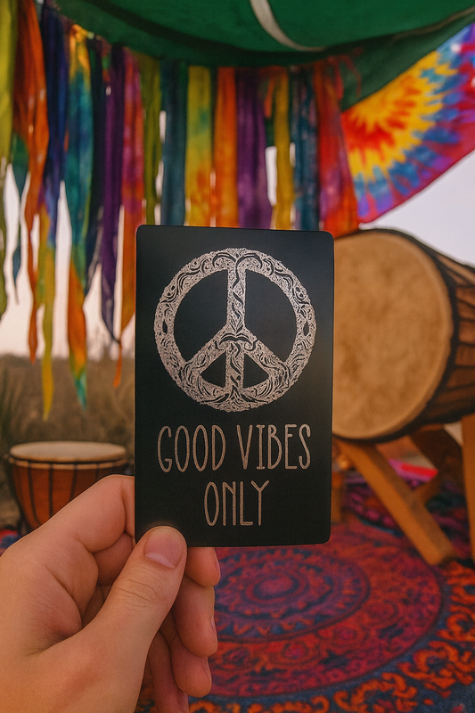 Hand holding a metal keepsake card with 'Good Vibes Only' design against a colorful, festive background.