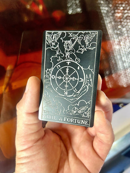 Metal Wheel of Fortune Tarot Card in black/silver laser engraved anodized aluminum