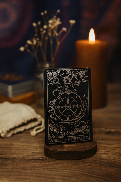 Metal laser engraved gift Card with 'Wheel of Fortune' design on a wooden stand in front of a lit candle.
