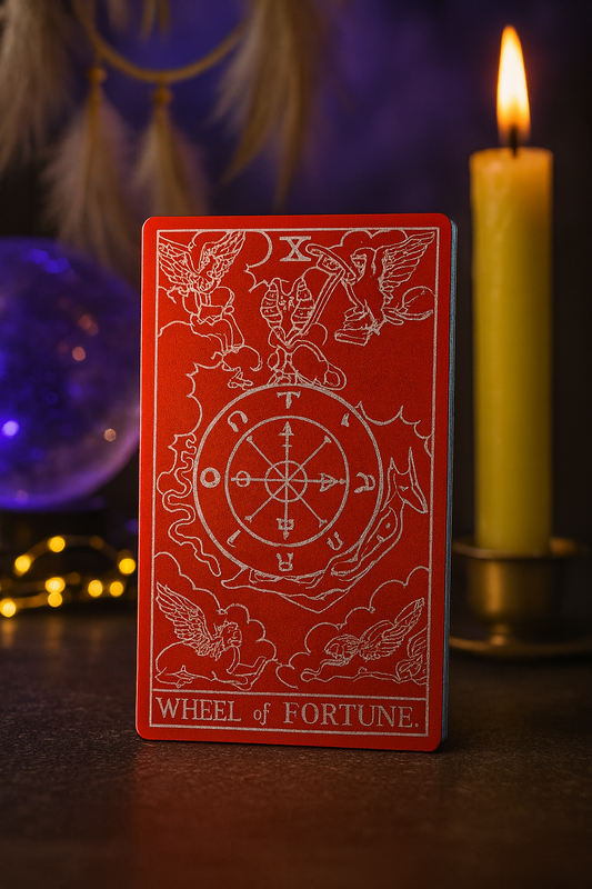 Red/silver metal tarot card titled 'Wheel of Fortune' with mystical background