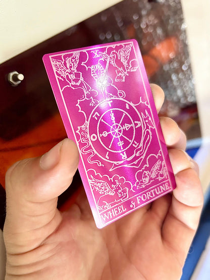 Metal Wheel of Fortune Tarot Card laser engraved in purple/silver anodized aluminum