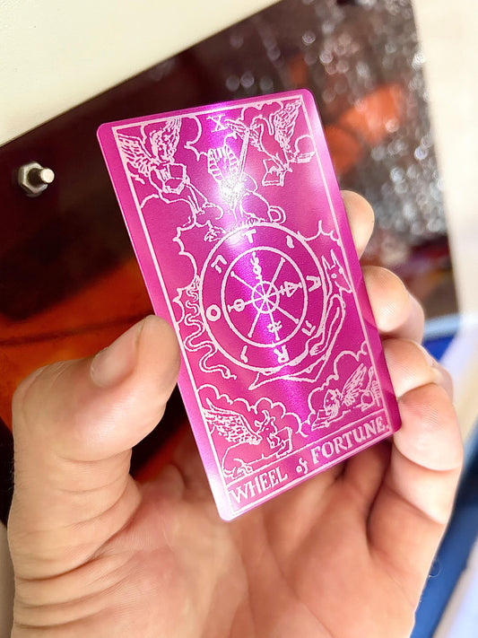 Metal Wheel of Fortune Tarot Card laser engraved in purple/silver anodized aluminum