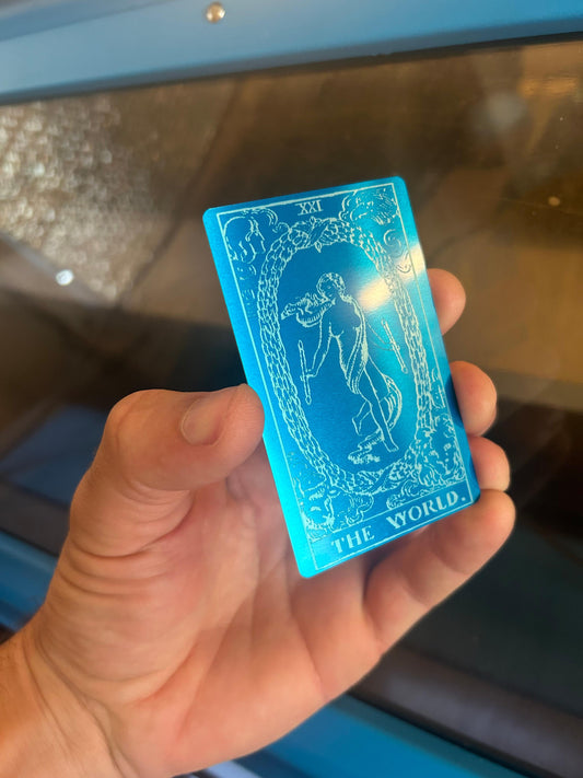 The World metal Tarot Card, laser engraved in blue/silver anodized aluminum