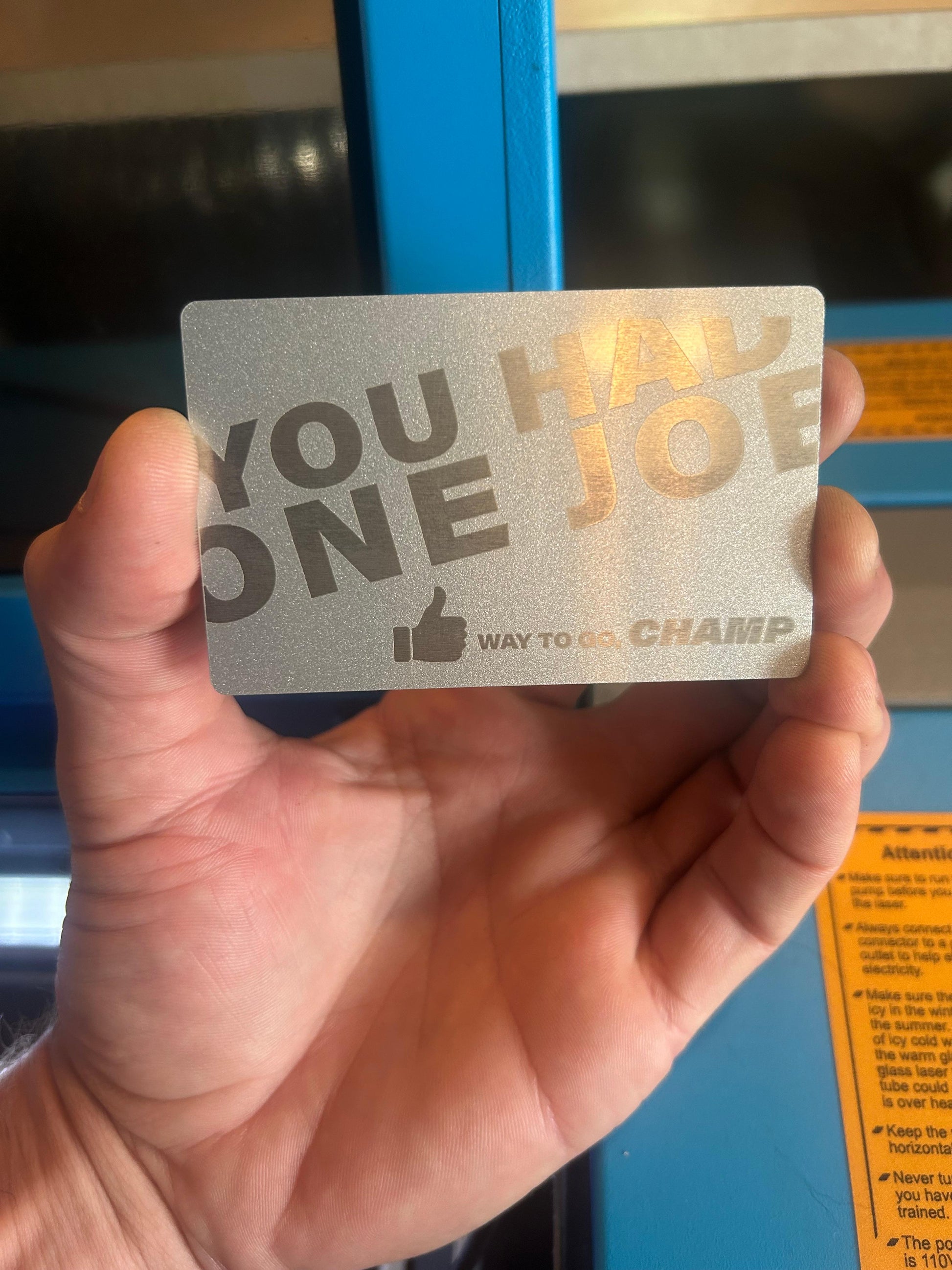 Way to go Champ, you had one job! Laser engraved metal keepsake gift card in silver/silver