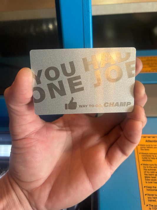 Way to go Champ, you had one job! Laser engraved metal keepsake gift card in silver/silver